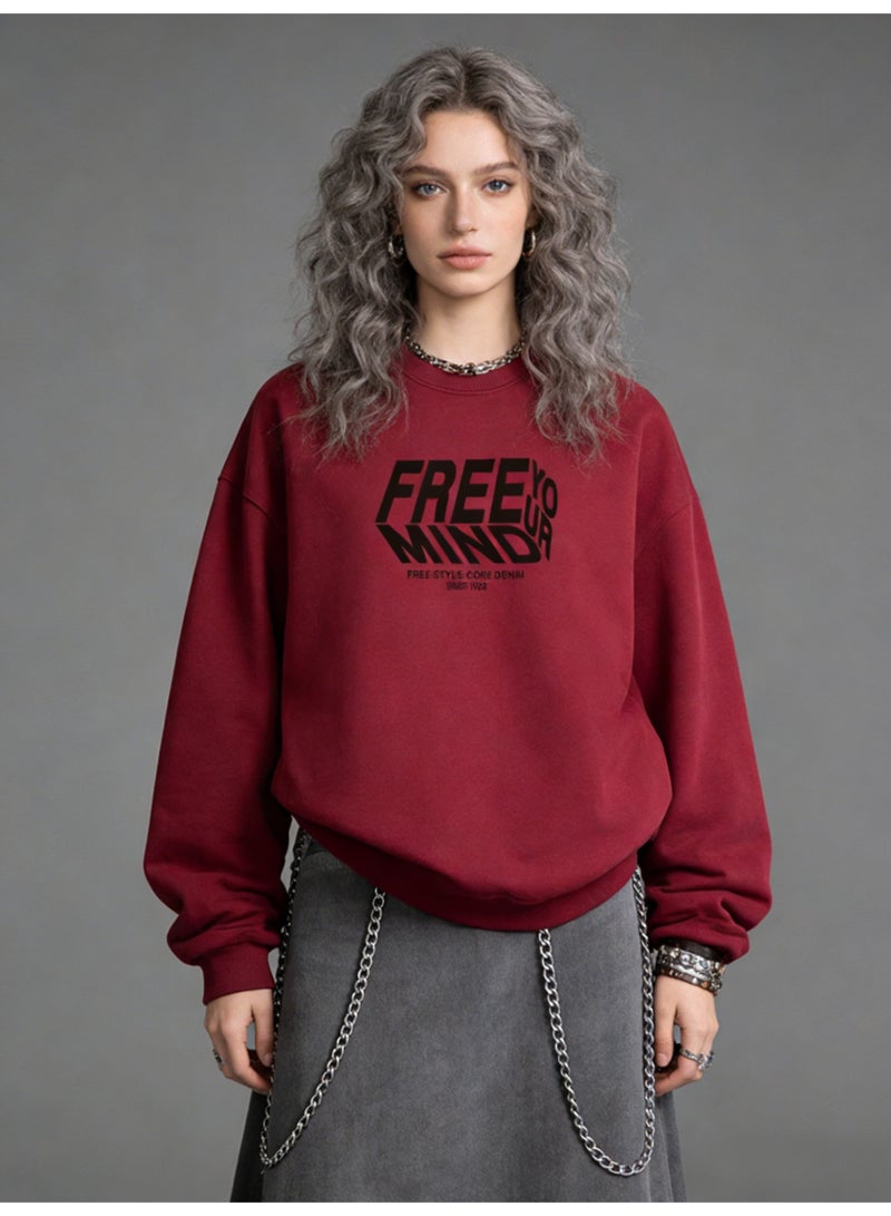 BM INS Burgundy "FREE YOUR MIND" Deconstructed Letter Oversized Crew Neck Sweatshirt | Unisex Streetwear Pullover With Slogan Print - Image 3